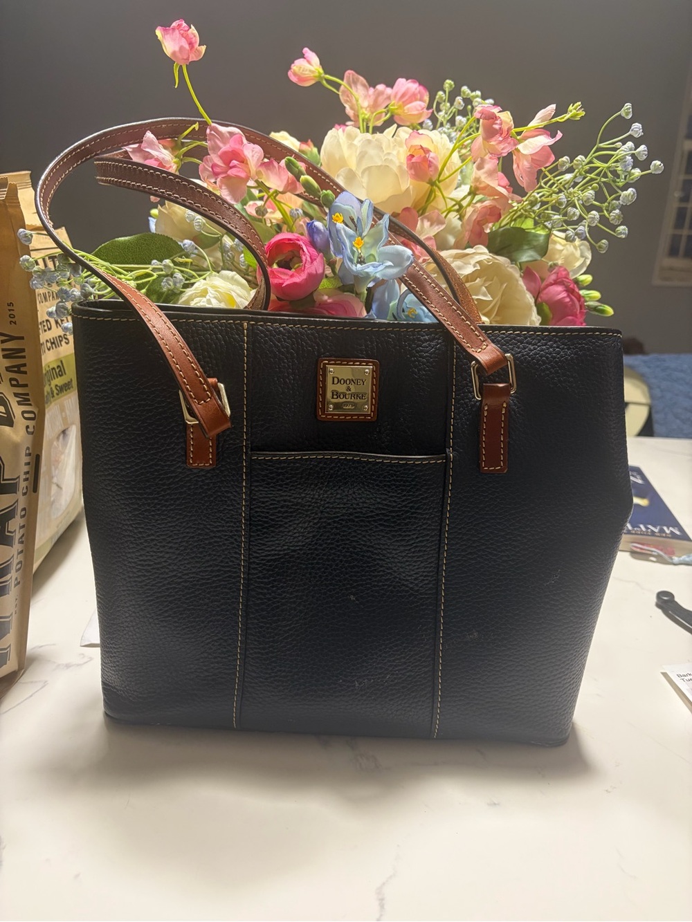 Dooney & Bourke Black Leather Tote with Brown Handles